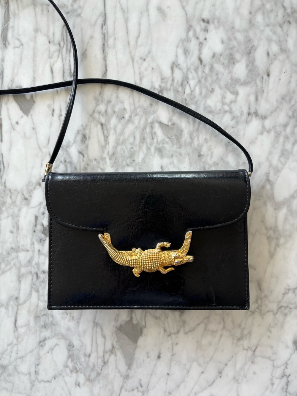 Vintage Black Leather Crossbody with Gold Crocodile Accent